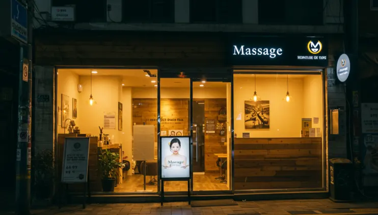 선릉역 인근 고급 마사지샵 외관 – 따뜻한 조명이 비치는 야간 테라피 공간
